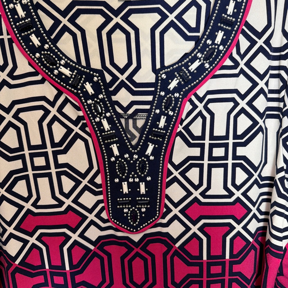 Women’s Geometric Print Beaded Tunic Large JM Collectibles Workwear Resort Style - Picture 2 of 5